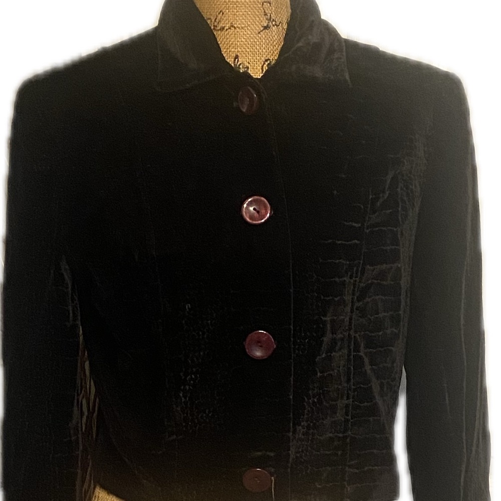 Chic Black Velvet Jacket with Red Buttons